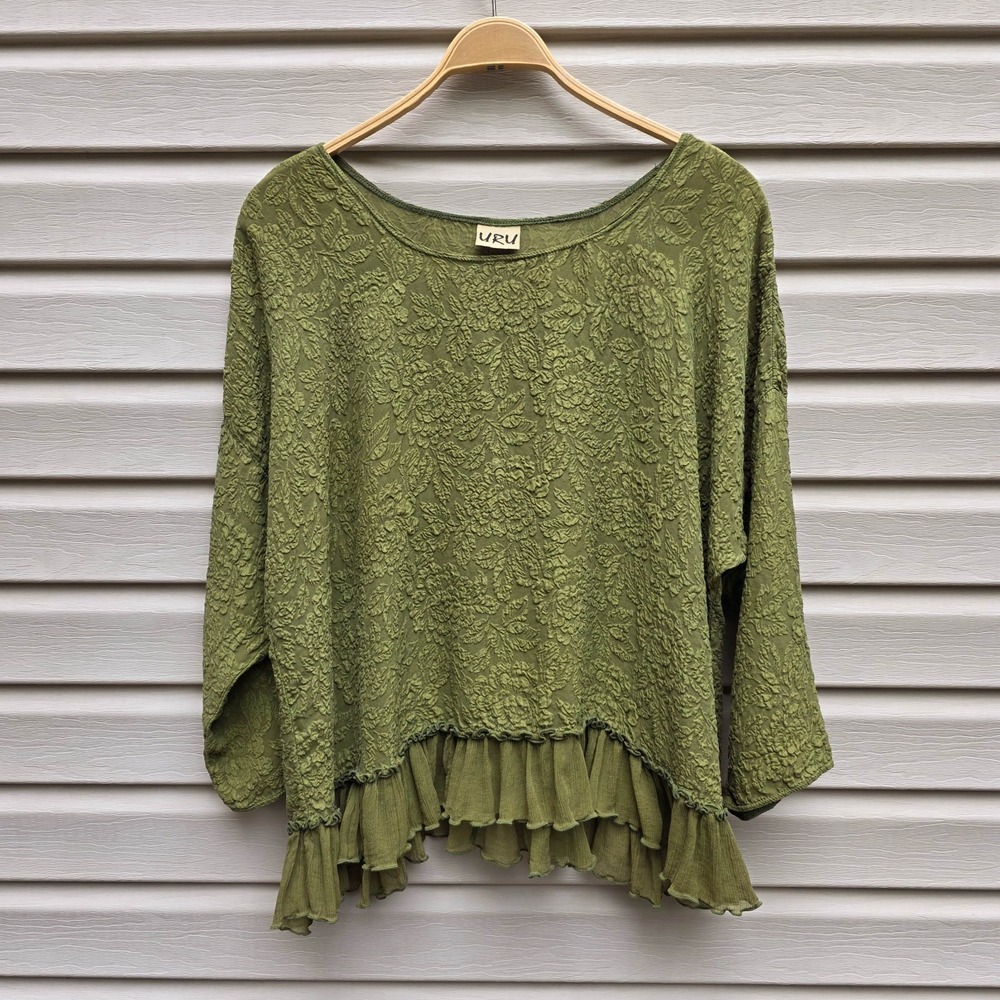URU Silk Blouse Top OS Moss Green Floral Jacquard Ruffle Hem Lagenlook USA